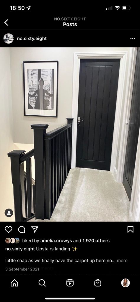 Black White And Grey Staircase, Black And White Landing Ideas, Hallway With Black Banister, Black Stairs Design, Black Banister Hallway, Black And White Steps Staircases, Black And White Staircase Ideas, Black Skirting Boards Hallway, Black Stair Panelling