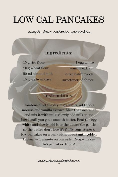 simple low cal pancakes [ recipe makes 5-6 ] 160 cals ; 8 g protein Low Cal Pancake Recipe, Low Cal Pancakes, Low Calorie Pancake Recipe, Low Calorie Pancakes, Zucchini Pancakes, Pancakes Ingredients, Low Cal Recipes, Low Cal, Healthy Eating Recipes