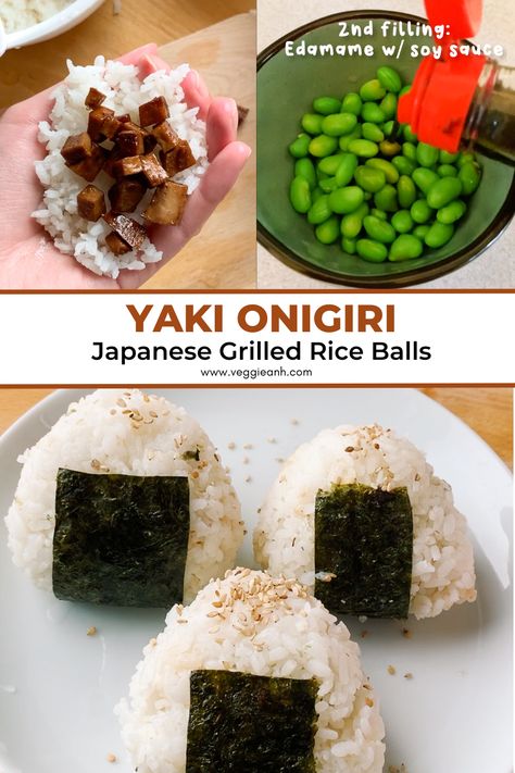 Learn how to make these three delicious fillings and assemble them into tasty Vegan Onigiri that will satisfy your cravings and fuel your day. These Yaki Onigiri are grilled Japanese rice balls filled with 3 plant-based fillings: edamame, teriyaki tofu, and chickpea 'tuna'. Japanese Salad Recipes, Onigiri Filling, Yaki Onigiri, Onigiri Recipe, Edamame Recipes, Vegan Japanese, Teriyaki Tofu, Japanese Rice, Rice Balls