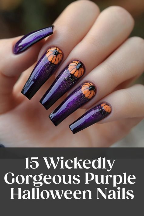 Looking to add a spooky touch to your Halloween nail design? Check out these stunning purple Halloween nails acrylic ideas for some inspiration! Whether you prefer simple and elegant designs or intricate and bold styles, there's something here for everyone. Elevate your look this season with these vibrant purple hues that will surely make heads turn. Get creative and experiment with different shades of purple, from deep plum to vibrant violet, to create the perfect Halloween nail look that suits Plum Nail Art Design, Purple Green Ombre Nails, Spooky Nail Designs Simple, Black Orange And Purple Nails, Purple And Black Halloween Nails Designs, Purple Halloween Nails Acrylic, Plum Nails Acrylic, Purple And Orange Nail Designs, Squoval Acrylic Nails Fall