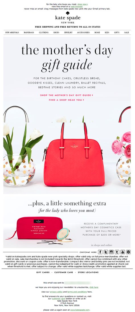 Sent: 4/8/15 | SL: the mother's day gift guide | Mother's Day Gift Guide email example from Kate Spade Mothers Day Newsletter Design, Mothers Day Newsletter, Mothers Day Email Design, Mothers Day Email, Mother’s Day Campaign, Mothers Day Campaign, Mothers Day Sale, Mothers Day Campaign Marketing, Mothers Day Advertising