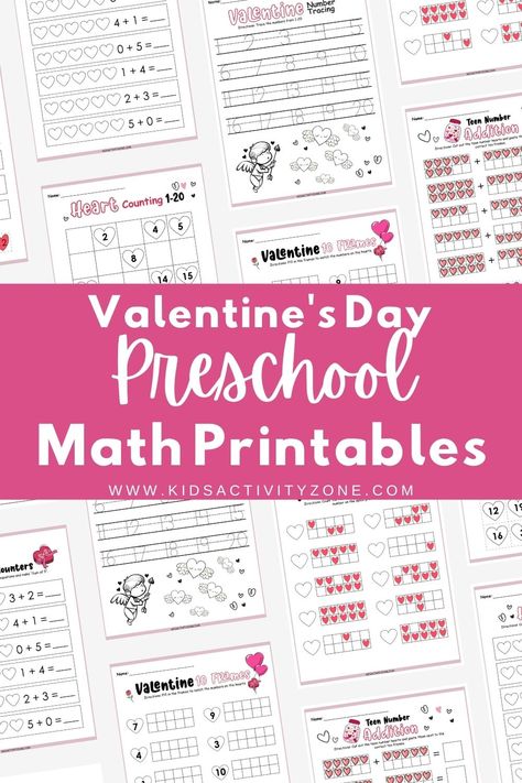 Fun Valentine's Day Math Packet for preschoolers and kindergarteners. Perfect for kids that are practicing writing their numbers, identify numbers, addition and ten frames with a fun Valentine's Day theme! Activities For Kindergarten Children, Preschool Math Printables, Cursive Practice Sheets, New Year's Eve Activities, Easy Kid Activities, Preschool Activities Printable, Kids Printables, Printables For Kids, Printables Free Kids