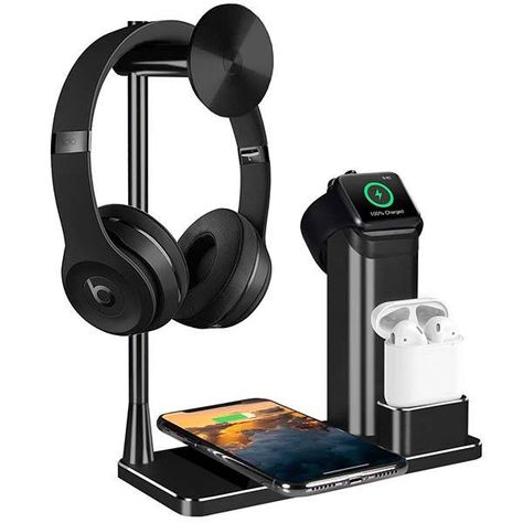 The Aluminum All-In-One Wireless Charging Station for Apple Watch, iPhone and More Tech Facts, Apple Charging Station, Apple Gadgets, Iphone Dock, Apple Smartphone, Airpods Apple, Wireless Charging Station, Apple Watch Iphone, Headphone Holder