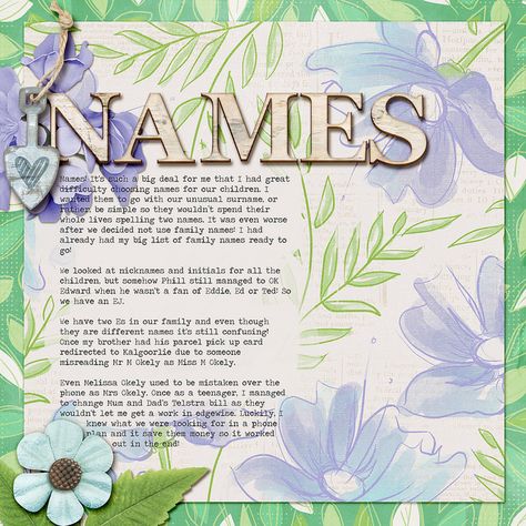 Each week I share a scrapbook layout to give you a little sneak peek into what I’m scrapping, and inspire you to play with pretty pixels too. Today I’m sharing a page from my family’s album about choosing names. #digiscrap #scrapbooking Facebook Album Names Ideas, Album Names Ideas, Album Names, Art Scrapbook, What A Beautiful World, Names Ideas, Picture Albums, Color Picker, Digi Scrap