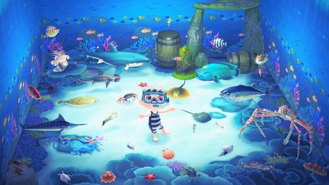 Acnh Back Of Island, Mermaid Room Ideas Kids Diy, Mermaid Room Ideas Kids, Animal Crossing Fish, Aquarium Room, Underwater Room, Mermaid Island, Ocean Aquarium, Store Inspiration