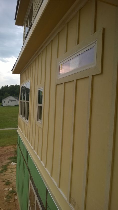 Hardie Board and Batten & Shake Trim going on. Hardie Board, Window Trim Exterior, Board And Batten, Windows Exterior, Window Trim, Lake House, Farmhouse, House Exterior, Shed