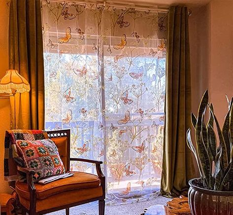 Floral Drapes, Curtain For Window, Curtain For Living Room, Window Plants, Drapes For Living Room, Yellow Butterfly, Eyelet Top, Sheer Curtain, Sliding Glass Door