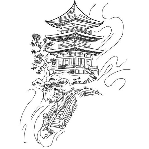 Japanese Temple Back Tattoo, Japanese Sleeve Filler Ideas, Temple Tattoo Stencil, Japanese Temple Tattoo Stencil, Japanese Filler Tattoos, Japanese Tower Tattoo, Japanese Pagoda Tattoo, Japanese Temple Tattoo Design, Japanese Temple Drawing