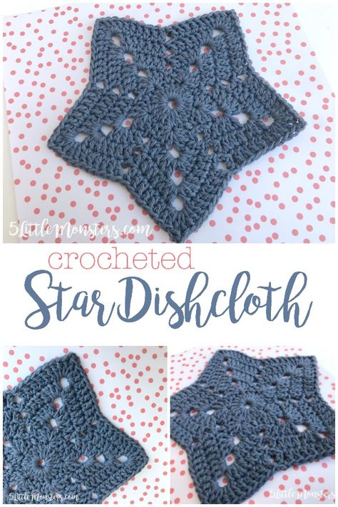 5 Little Monsters: Crocheted Star Dishcloth Star Dishcloth Crochet Pattern, Crochet Angel Dishcloth Pattern, 4th Of July Crochet Ideas, Crocheted Dishcloth Patterns Free, Crochet Baby Washcloth, 4th Of July Crochet, Crocheted Dishcloths, Crocheted Star, Crochet Washcloth Free Pattern