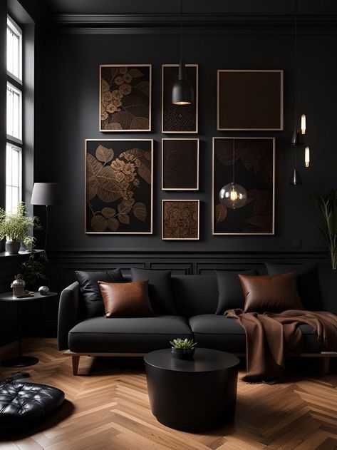 Dark Living Room Decor, Dark Living Room Ideas, Moody Living Room, Cozy Living Room Design, Dark Living Rooms, Dark Home Decor, Black Living Room, Dark Home, Brown Living Room