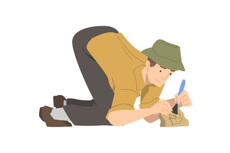 Man Archaeologist with Brush Working on Excavations in Search of Archaeological Remains Vector Illustration. Young Male Scientist Studying Artifact Concept Archeologist Illustration, Man Illustration, Archaeology, Vector Illustration, Fox, Layout, Drawings, Art