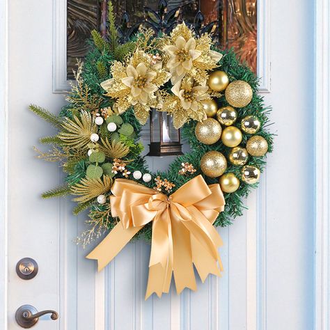 30cm Christmas Wreath With Lantern Front Door Garland With Large Bow Seasonal Ornament Christmas Gold Christmas Balls, Door Hanging Decorations, Lighted Wreaths, Elegant Doors, Christmas Wreaths & Garlands, Golden Christmas, Artificial Christmas Wreaths, Porte Decorate, Festive Wreath