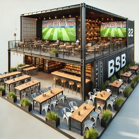 Counter Restaurant Ideas, Brewery Outdoor Space, Small Business Restaurant, Backyard Sports Bar, Container Business Ideas, Brewery Exterior Design, Rooftop Cafe Design Coffee Shop, Food Park Design, Gym Smoothie Bar