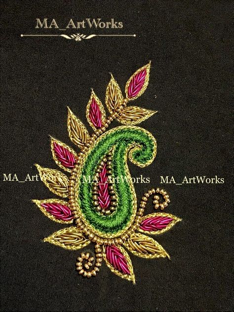 Buta Design Aari Work, Leaf Design In Aari Work, Mango Aari Design, Zardosi Leaf Design, Mango Work Blouse Designs, Aari Motif Designs Pattern, Mango Motif Aari Work, Mango Aari Work Designs, Aari Flower Design