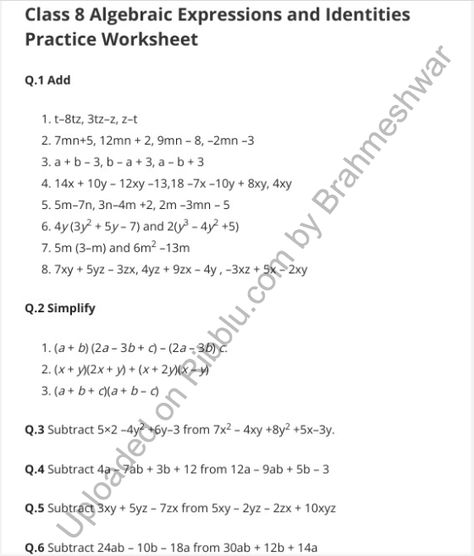 Algebraic Expressions and Identities Worksheets for Class 8 Maths Fun, 8th Grade Math Worksheets, Maths Syllabus, Fun Math Worksheets, Maths Worksheets, Algebra Worksheets, Algebraic Expressions, Word Problem Worksheets, Printable Math Worksheets