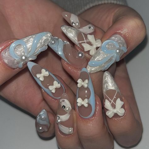 nailbeam Cute Kawaii Nails Acrylic, Pink Blue White Nails, White Winter Nail Designs, Cute Kawaii Nails, Kawaii Nails Acrylic, Blue White Nails, Sanrio Nails, Concert Nails, Coquette Nails