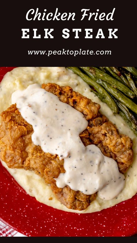 Chicken Fried Elk Steak with Country Gravy Elk Steak Recipes Crock Pots, Elk Steak Bites, Recipes With Elk Burger, Cooking Elk Meat, Elk Cube Steak Recipes, Elk Round Steak Recipes, Elk Round Steak, Elk Steak Recipes, Fried Deer Steak