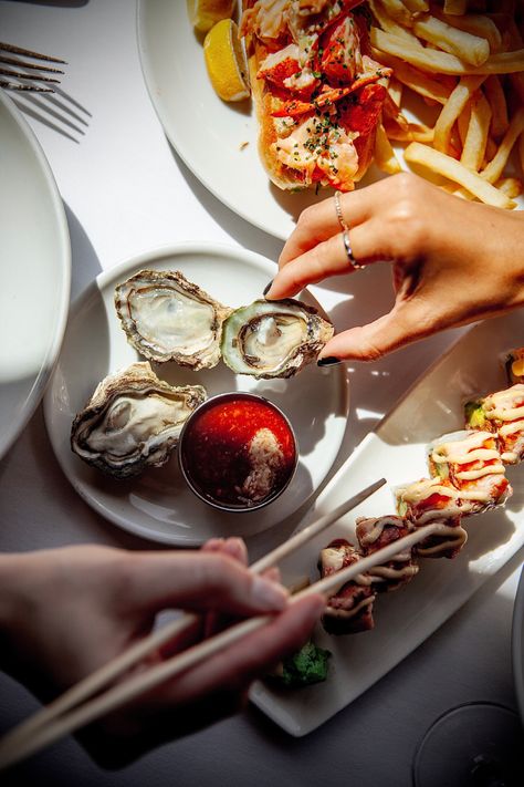 Oysters, sushi and lobster roll in dramatic lighting at Prime in Huntington, NY Oyster Photography, Food Lobster, Photos Of Food, Lobster Roll, Dramatic Lighting, Photography Styling, Food Photography Styling, Beautiful Food, Food Photo