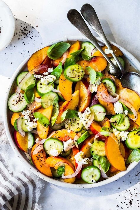 Nectarine Salad with cucumber, Basil, Goats Cheese, Red onion and optional Urfa Biber ( Turkish Chili Pepper). A simple delicious Farmers Market Salad you can put together in minutes! #nectarinesalad #nectarines #nectarinerecipes #farmersmarket #healthysalad #easysalads #cucumbersalad Farmers Recipes, Farmers Market Salad, Market Salad, Nectarine Salad, Cucumber Basil, Nectarine Recipes, Salad With Cucumber, Csa Box, Farmers Market Recipes