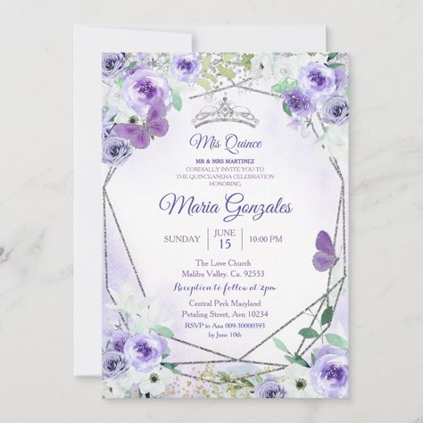 Silver and Purple Mis Quince Birthday Invite  Zazzle Holy Communion Invitations, Halloween Birthday Invitations, Butterfly Girl, Communion Invitations, Sweet 16 Invitations, Quinceanera Invitations, Floral Butterfly, Christmas Invitations, Valentines Party