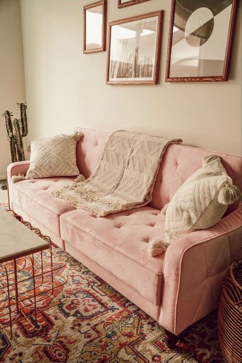 Pink Couches, Pink Couch Living Room, Pink Sofa Living Room, Pink Couch, Pink Living Room, Pink Sofa, Gathering Place, Sofa Living Room, Bedroom Vintage