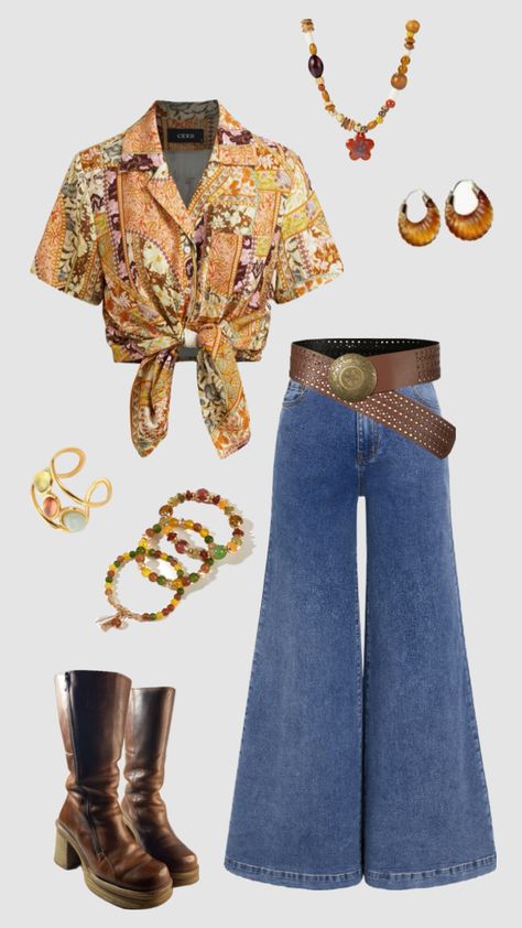 70s inspired outfit #outfitinspo #vintage #70s #70saesthetic 70s Hippie Outfits, 70s Western Fashion, 1970 Outfits, 70s Inspired Outfits, 00s Fashion, 70s Inspired Fashion, Color Combinations For Clothes, 70s Outfits, 70’s Fashion