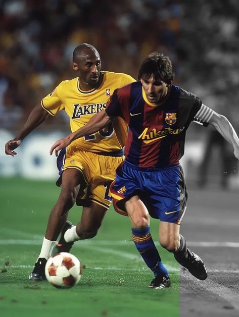 Full Color Image in ai-img-gen.com 🔸 in 1990,photo of Kobe Bryant playing football with Messi. the two run together towards the goal 🔸 From Midjourney AI Image Cheering Crowd, Green Grass Field, Lakers Jersey, Barcelona Players, Grass Field, Color Image, Playing Football, Blurred Background, Kobe Bryant