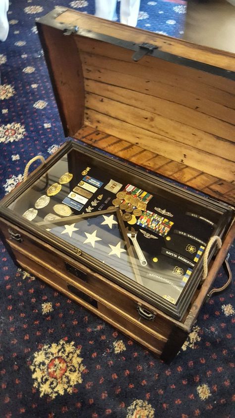 Antique Trunk Used as Navy Retirement Shadow Box Idea for a Chief Warrant Officer Navy Shadow Box Ideas, Retirement Shadow Box Ideas, Ideas For Retirement, Navy Retirement Gifts, Navy Retirement, Boxed Brownies, Marine Military, Shadow Box Ideas, Military Box