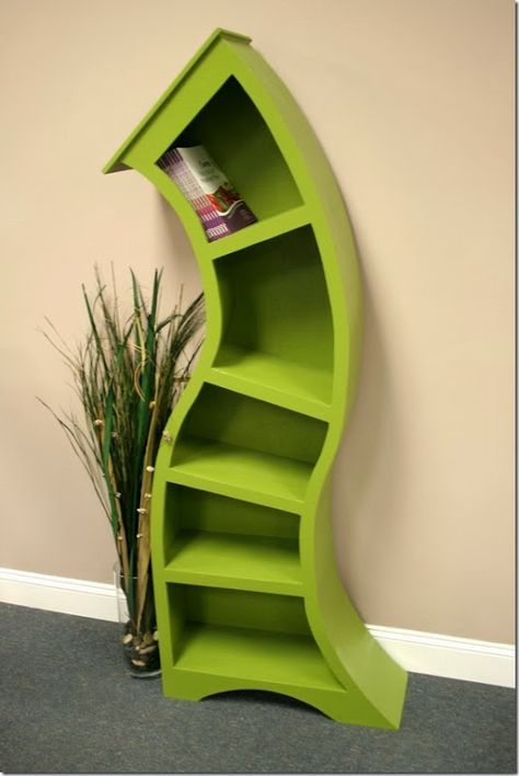 This looks like it would come out of Dr Seuss.  Very cool! 7 Topsy Turvy Bookscases Curved Bookshelf, Meubles Peints Style Funky, Cool Bookshelves, Cool Kids Rooms, Whimsical Furniture, Wood Bookshelves, Funky Furniture, Book Shelf, Kids' Room