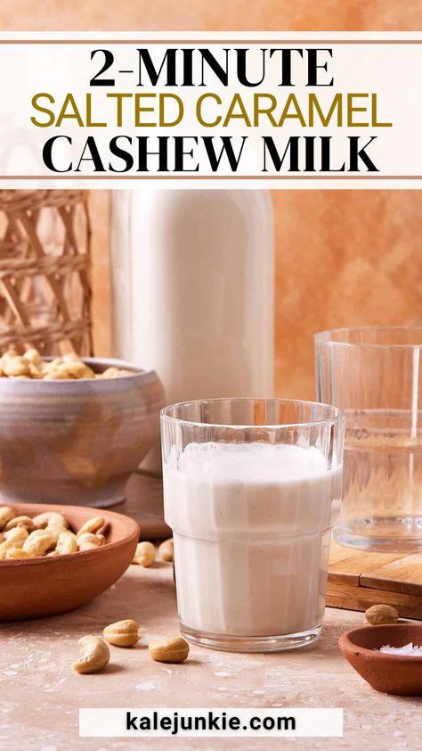 This 2-Minute Salted Caramel Cashew Milk is amazing and truly tastes like salted caramel in a glass! It’s made with just 5 simple ingredients and, like stated before, really comes together in just 2 minutes. Ditch your overpriced coffee creamer and try out this delicious and easy nut milk today! Cashew Milk Creamer, Cashew Coffee Creamer, How To Make Cashew Milk, Nut Milk Recipes, Granola Dessert, Vegan Coffee Creamer, Nut Milk Recipe, Caramel Cashew, Cashew Coffee