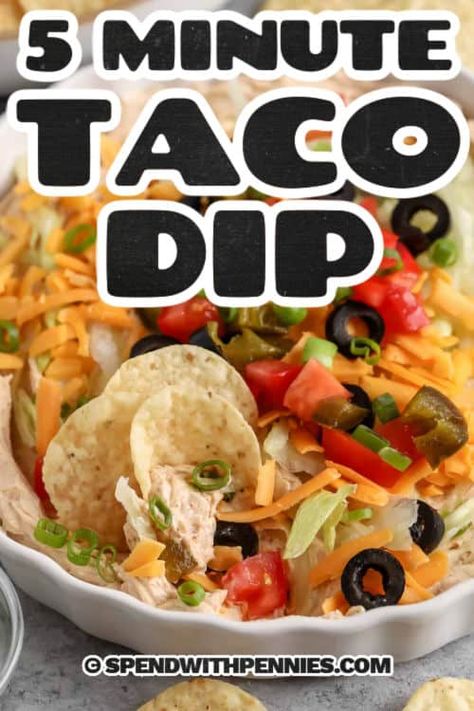 Taco dip is made with a taco flavored creamy base topped with lettuce, tomatoes, and cheese. This quick and easy dip is prepared in one dish in about 5 minutes! Serve with tortilla chips, crackers, or even fresh veggies for fun & flavorful dip that's perfect for game day, a potluck, or a party! #spendwithpennies #tacodip #partydip #easydiprecipe Cream Cheese Taco Dip Cold, Taco Dip With Cream Cheese, Baked Dip Recipes, Best Taco Dip Recipe, Easy Chip Dip, Taco Appetizers, Mexican Dip Recipes, Taco Dip Easy, Recipes Dips