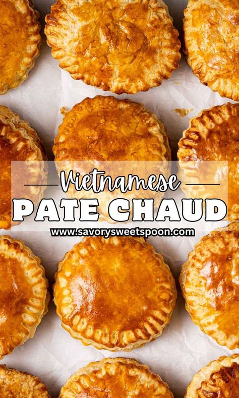 Indulge in the delightful flakiness of Pate Chaud! These golden, savory Vietnamese meat pastries are filled with flavorful ground pork and mushrooms, making every bite a mouthwatering explosion of flavors. Discover the best Pate Chaud recipe here. A delicious treat for breakfast, snack, lunch, or any occasion! Pork And Mushrooms, Asian Buns, Vietnamese Desserts, Snack Lunch, Meat Pies, Easy Pie Recipes, Puff Pastry Dough, Pork Buns, Easy Pie