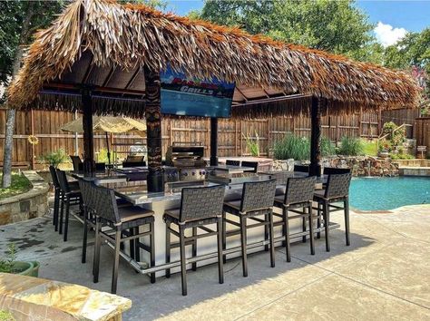 Grill in style with this incredible outdoor kitchen and tiki bar from Paradise Grills. #paradise #grills #grilling #tikibar #tiki #backyardinspo #outdoorinspo #patioinspo #poolinspo #poolside #outdoorfurniture #flhomeshows #outdoortv Paradise Grills, Poolside Bar Ideas, Backyard Tiki Bar, Beach House Backyard, Mermaid Bar, Outdoor Tiki Bar, Coastal Exterior, Modular Outdoor Kitchens, Grills Outdoor