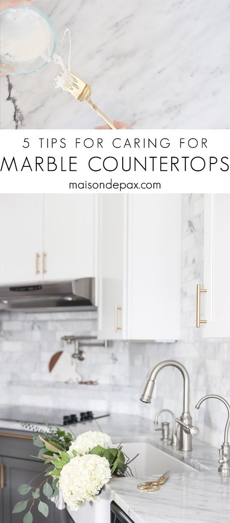 5 tips for caring for marble counters: Wondering how to care for marble counters?  Don't miss these 5 tips on caring for marble countertops, including details on sealing marble counters, removing stains from marble, cleaning marble countertops, and avoiding scratches. #marble #marblecounters #marblecountertops #marblekitchen #marblecare #kitchencounters #kitchencountertops #carraramarble #cleaningmarble #marblesealer Cleaning Marble Countertops, Cleaning Marble, Marble Counters, Homemade Toilet Cleaner, Cleaning Painted Walls, Glass Cooktop, Deep Cleaning Tips, Marble Counter, Kitchen Marble