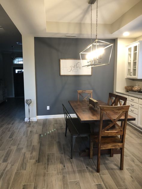 Benjamin Moore Trout Gray Slate Floor Wall Color, Trout Grey Benjamin Moore, Gray Wood Floors Dining Room, Grey Wood Floors Blue Walls, Slate Grey Accent Wall, Gray Accent Wall Dining Room, Trout Gray Benjamin Moore, Slate Gray Accent Wall, Benjamin Moore Iced Slate