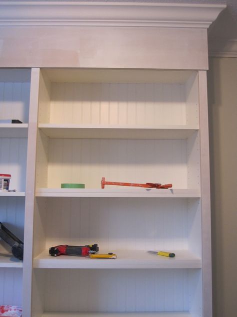 Ikea Billy hack. Beadboard backing much nicer than that cheesy panel attached with brads, that comes with the bookcases. Bookshelf Transformation, Beadboard Shelf, Cosy Homes, Billy Hack, Ikea Bookshelf, Ikea Billy Hack, Bookcase Hack, Billy Ikea, Transformation Inspiration