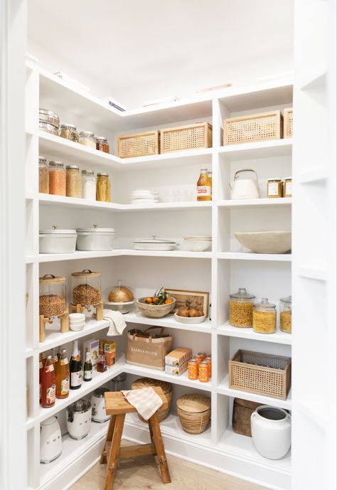 a detailed overview on how we transformed a closet into the walk-in pantry of our dreams #pantry #organization #pantryorganization #pantryinspo #closetinspo Minimalistic Pantry, Pantry Transformation, Nabela Noor, Dreams Aesthetic, Walk In Closet Design, Kitchen Interiors, Pantry Design, Kitchen Diner, Colonial House