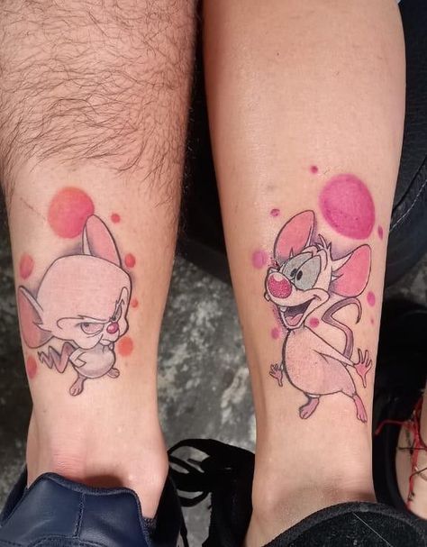 Pinky And The Brain Tattoo Design, Pink And Brain Tattoo, Pink And The Brain Tattoo, Cartoon Matching Tattoos, Cartoon Tattoos Women, Cartoon Tattoos Ideas, 90s Cartoon Tattoos, Cartoon Tattoo Ideas, Brain Tattoo