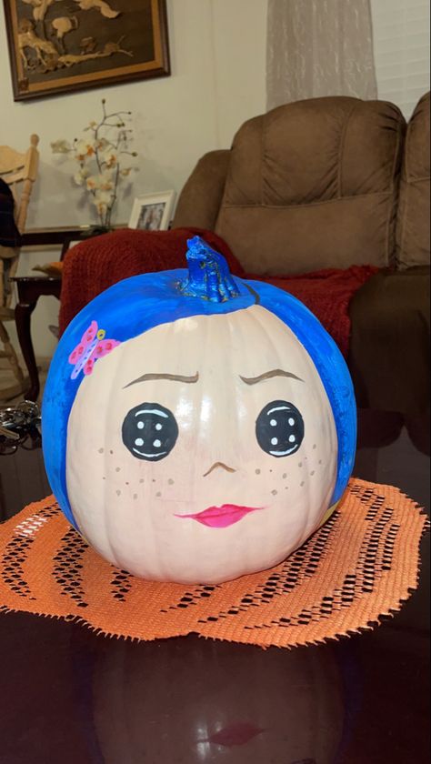 Painted Pumpkin Aesthetic, Coraline Painted Pumpkin, Coraline Pumpkin Painting Ideas, Pumpkin Painting Coraline, Pumpkin Painting Ideas Coraline, Pumpkin Painting Ideas Hello Kitty, Painting Pumpkins Ideas Diy Girly, Pumpkin Painting Ideas Girly, Coraline Pumpkin Painting