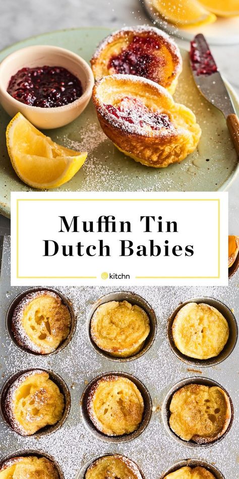 Jan 9, 2021 - These muffin-pan Dutch babies are just as delicious as the skillet version, but are so much smarter for serving to a crowd. You'll pour the simple batter into a preheated muffin pan and then stand back as as they puff and crisp in the oven, making light and fluffy custardy cups. Easy Cute Brunch Ideas, Eggs With Artichokes, Shared Snack Ideas, Food By Maria, Overnight Breakfast Recipes Make Ahead, Minimal Ingredient Breakfast, Duch Pancakes, Untraditional Breakfast Ideas, What To Serve With Chicken And Waffles