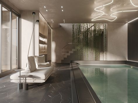 Eternal Calm :: Behance Spa Decor Ideas, Indoor Pool House, Home Spa Room, Inside Pool, Panoramic Windows, Picturesque Landscape, Spa Interior Design, Gym Room At Home, Hanging Lighting