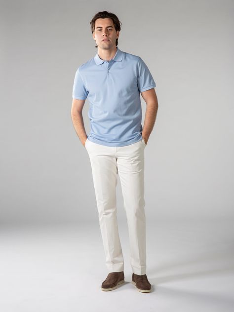 These Aurélien Egyptian Cotton Polo Shirt Lightblue for Men XXL symbolize Mediterranean style and ultimate comfort. A combination of traditional details and a contemporary twist. This model is made in  . The  Polo Shirts are made entirely by hand in Italy. For exclusive, luxurious and handmade Italian Polo Shirts you've come to the right place at Aurélien! Blue Shirt Combinations Men, Light Blue T Shirt Outfit Men, Blue Polo Outfit Men, Blue Shirt Combination, Shirt Combination Men, Blue Outfit Men, Polo Outfit Men, Polo Shirt Outfit Men, Sky Blue Outfit