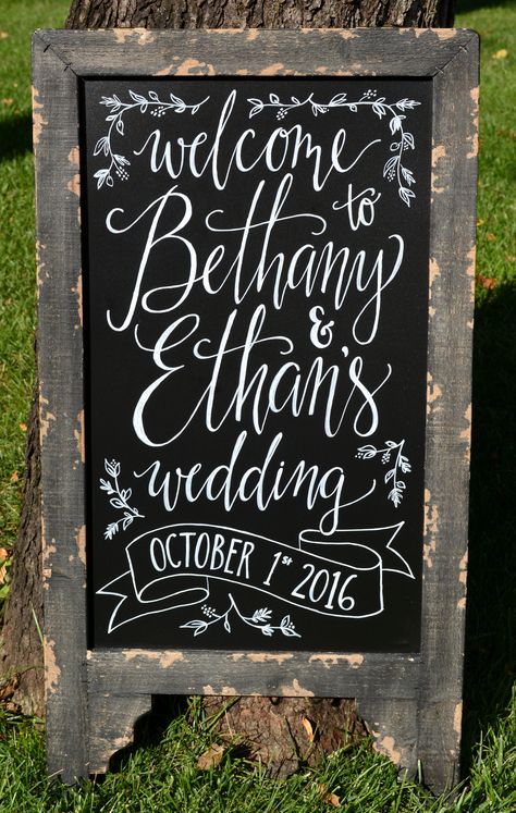 Wedding welcome chalkboard rustic sign by Caroline's Lettering Co. carolinesletteringco@gmail.comOctober 2016 Wedding Chalkboard Welcome Sign, Chalkboard Wedding Signs, Chalkboard Welcome Sign, Diy Wedding Welcome Sign, Creative Wedding Sign, Chalkboard Welcome, Chalk Signs, Wedding Chalk, Wedding Bar Menu Sign