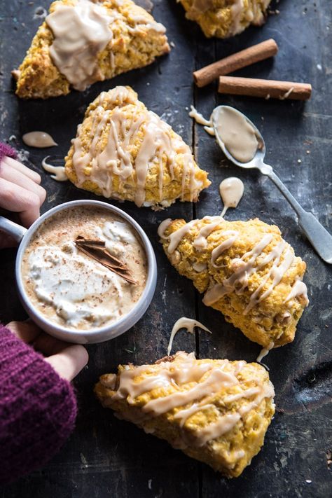 White Chocolate Pumpkin Scones with Espresso Glaze | halfbakedharvest.com @hbharvest Airfryer Pumpkin, Espresso Glaze, Pumpkin Scones Recipe, Pumpkin Scones, Chocolate Pumpkin, Scones Recipe, Half Baked, Half Baked Harvest, Fall Food