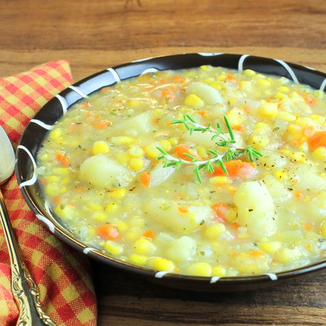 Mcdougall Diet, Dr Mcdougall, Mcdougall Recipes, Starch Solution, Corn Chowder Recipe, No Dairy, Split Pea Soup, Carrots And Potatoes, Vegan Soups