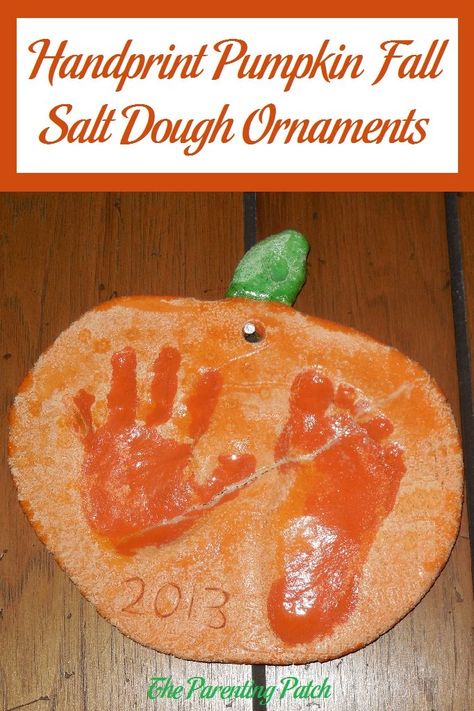 Instructions for making handprint and footprint pumpkin ornaments with salt dough and acrylic paint for autumn, Halloween, or Thanksgiving. Pumpkin Handprint, Scary Halloween Crafts, Halloween Handprint Crafts, Salt Dough Crafts, Pumpkin Ornaments, Pumpkin Activities, Salt Dough Ornaments, Fun Pumpkins, Handprint Craft