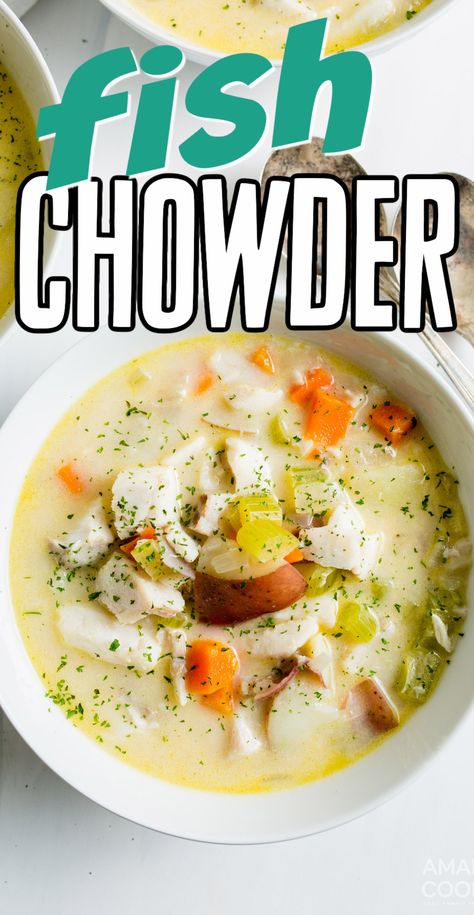 A steamy bowl of delicious fish chowder is a comforting warm-up for a cold winter day. Tender white fish combined with vegetables, broth and seasonings makes a delicious dinner. #souprecipes #fishchowder #amandascookin White Fish Soup Seafood Stew, Fish Chowder Recipe New England, Amazing Dinners, Seafood Soup Recipes, Fish Chowder, Roast Fish, Comfort Soup Recipes, Seafood Chowder, Grits Recipe