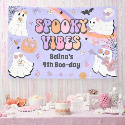 Spooky Vibes Cute Halloween Groovy Ghost Birthday Banner Two Spooky, Ghost Birthday, Läskig Halloween, Groovy Ghost, Spooky One, 1st Birthday Banner, Hippie Halloween, 1st Birthday Banners, Banner Sizes