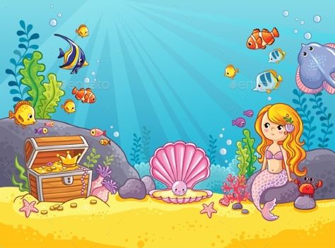 Background with an Underwater World by svaga Vector background with an underwater world in a childrens style. A mermaid is sitting on a rock. Wooden chest with gold on the bot Underwater Cartoon, Cartoon Sea Animals, Mermaid Drawings, Cartoon Fish, Wooden Chest, Cartoon Background, Underwater World, A Mermaid, Teaching Art