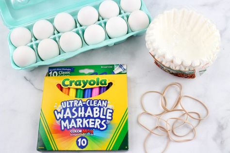 How To Make Tie-Dye Easter Eggs With Coffee Filters Coloring Eggs With Markers, Egg Dye With Food Coloring Vinegar, Easter Egg Dye With Gel Food Coloring, Tie Dye Coffee Filters, Tie Dye Eggs With Paper Towels, Paper Towel Easter Egg Dye, Messy Food, Water Color Markers, Dyed Easter Eggs